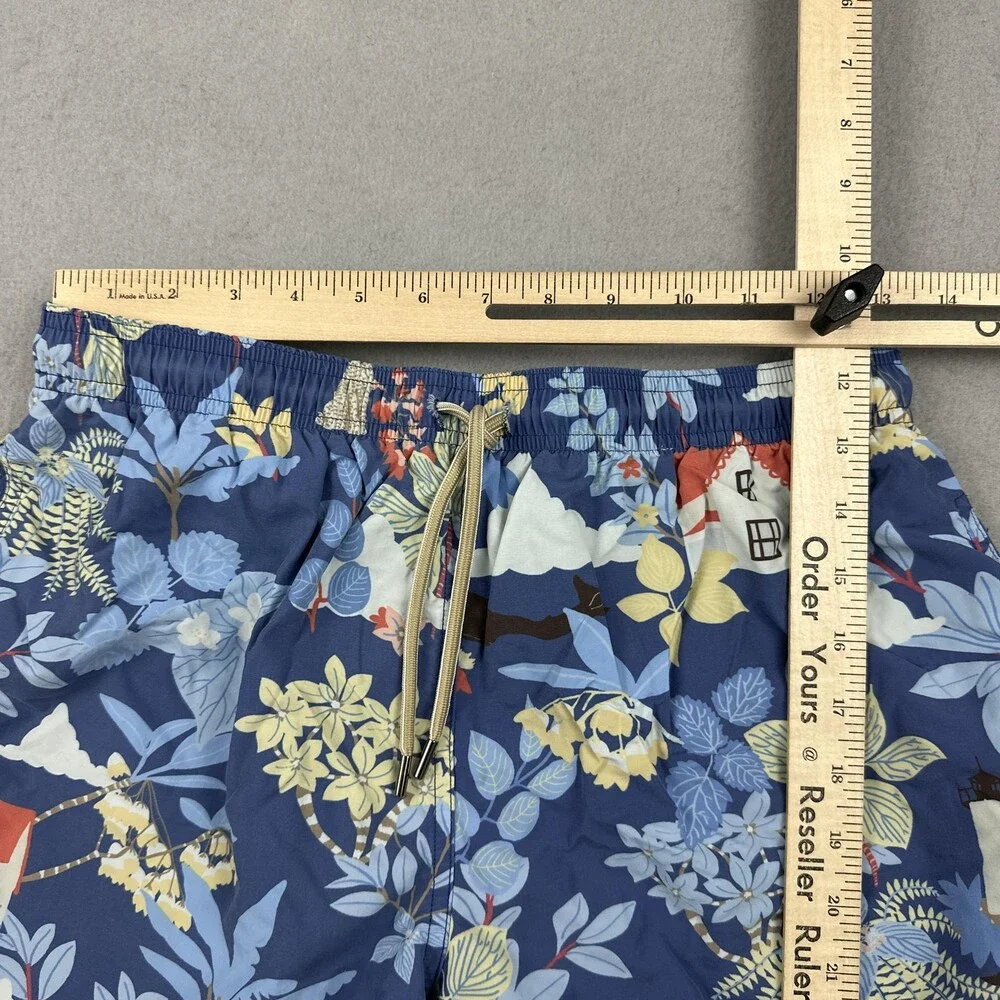 McLaughlin Swim Shorts Men Small Blue Floral Tropical Print Mesh Liner Pockets S